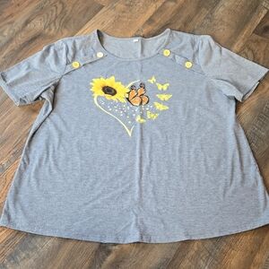 Wpmen's Gray T-Shirt with Sunflower and Butterfly Design